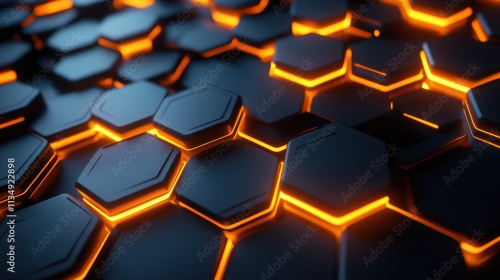 Poster hexagonal patterns glow with intensity and create a mesmerizing digital landscape in a futuristic se