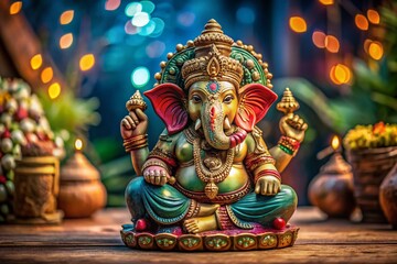 Fototapeta premium Elegant Side View of a Ganesh Statue Captured in a Serene Setting, Highlighting Intricate Details and Vibrant Colors for Product Photography