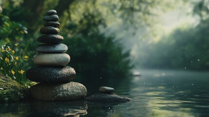 Zen stones stacked for meditation and balance, symbolizing calm, peace, and tranquility in a natural setting.
