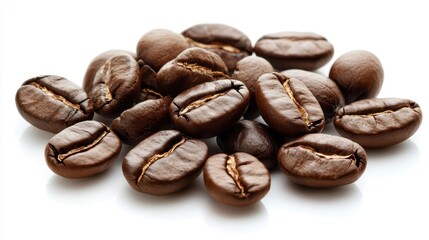 Obraz premium Freshly Roasted Coffee Beans Piled on a White Background with Rich Texture and Color, Ideal for Coffee Lovers, Culinary Arts, and Product Marketing