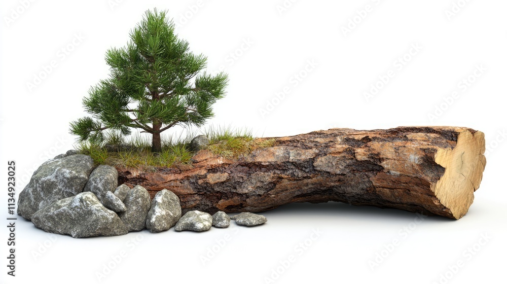 Poster pine log with small tree and rocks isolated on white background showcasing natural elements and text