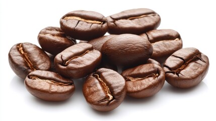 Obraz premium Freshly Roasted Coffee Beans Piled Together in a Cluster Showcasing Rich Dark Brown Color and Unique Texture on a White Background Perfect for Culinary Illustrations