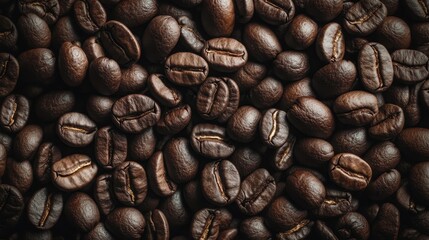 Fototapeta premium Dark roasted coffee beans with rich texture and aroma displayed in a close-up shot perfect for showcasing the essence of coffee culture and gourmet beverages.