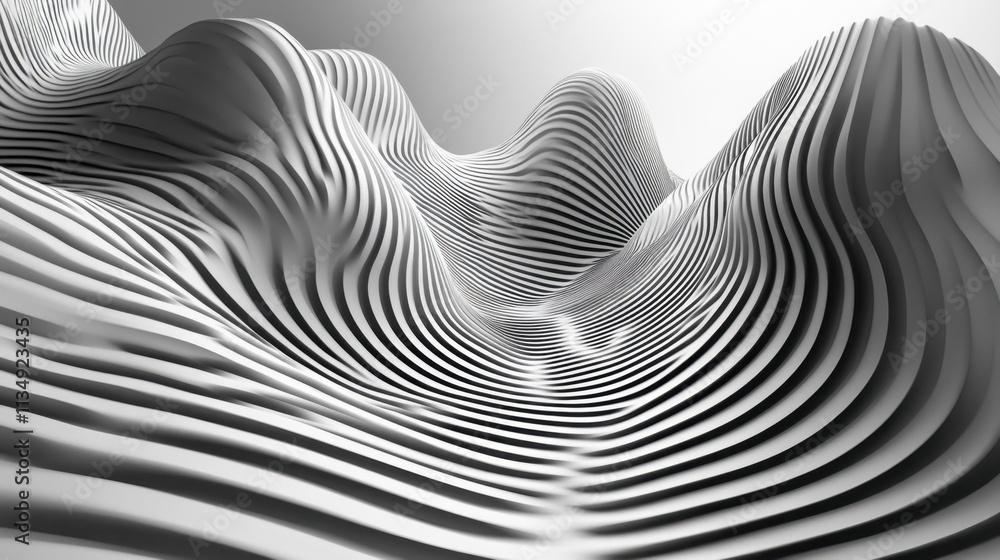 Poster waves of soft curves create a mesmerizing landscape in monochrome hues evoking a sense of tranquilit
