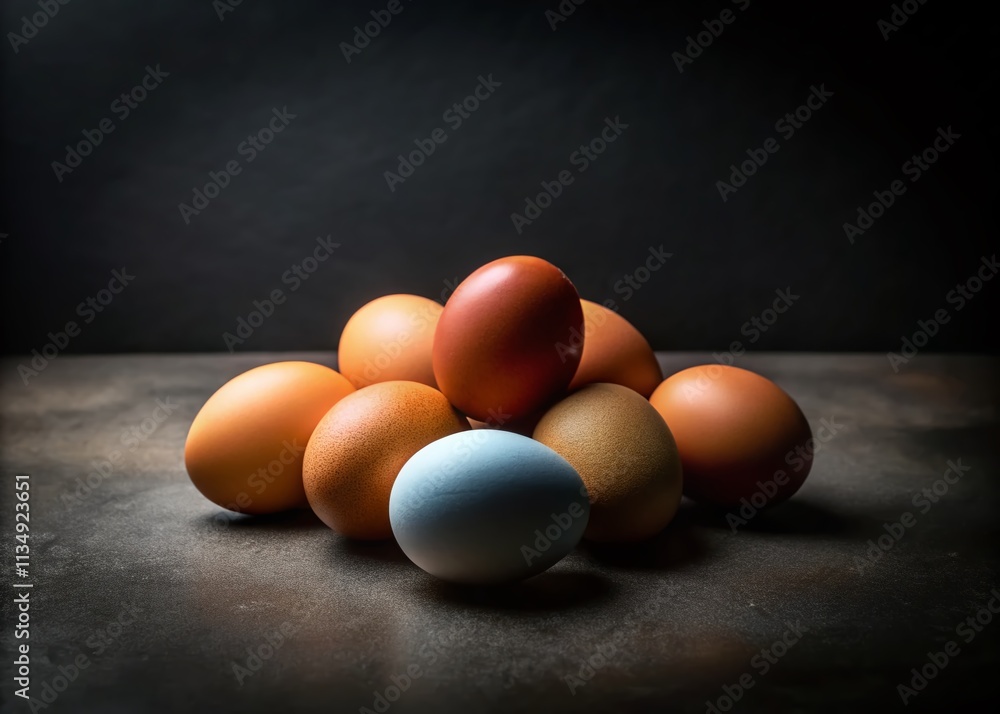 Poster elegant simplicity in low light: minimalist composition featuring eggs on a soft surface with gentle