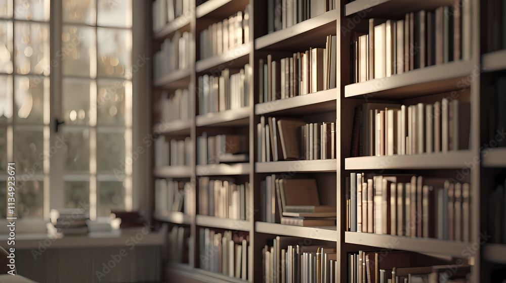Poster sunlit library bookshelves: a wall of bookshelves filled with countless volumes basks in the warm gl