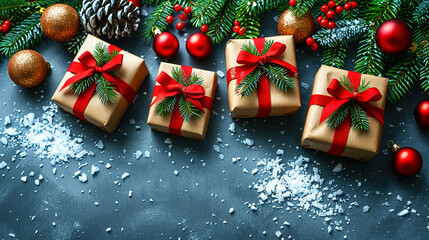 Zero Waste Christmas Eco Gifts in Kraft Paper on Floor Copy Space 