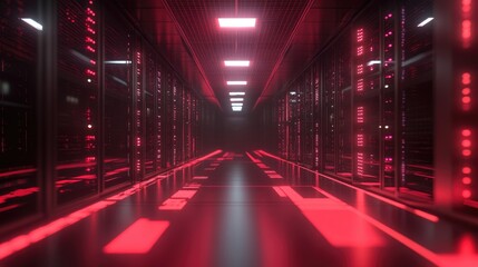 Data processing in server room with digital interface elements showcasing advanced technology and modern infrastructure design.