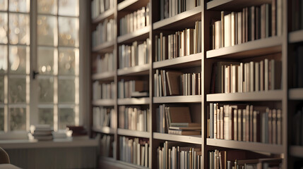 Sunlit Library Bookshelves: A wall of bookshelves filled with countless volumes basks in the warm glow of sunlight streaming through a large window.