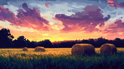 Sunset over a tranquil field with haystacks and vibrant clouds creating a serene agricultural landscape scene in soft colors.