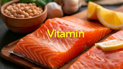 Fresh pink salmon fillets with lemon slices, served on a wooden board alongside soybeans, emphasizing health and nutrition.