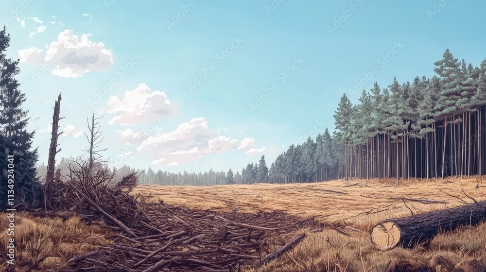 Poster deforested landscape with tree stumps and fallen logs, showcasing a cleared field bordered by a fore