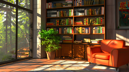Cozy Reading Nook: Sun streams through a large window, casting warm light on a plush leather armchair, inviting you to curl up with a good book in the tranquility of a well-stocked library. 