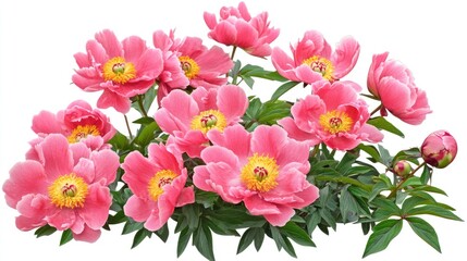 vibrant pink peony flowers in full bloom with lush green leaves on a white background showcasing nature's beauty and floristry design
