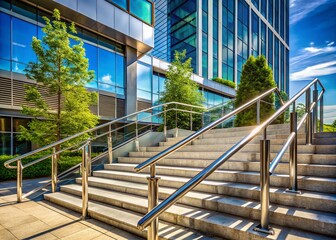Elegant Stainless Steel Railing Design on Exterior Stairs of a Modern Commercial Building for Architectural Photography