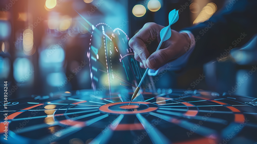 Poster targeting success: a close-up shot of a hand expertly aiming a dart towards a glowing, futuristic da