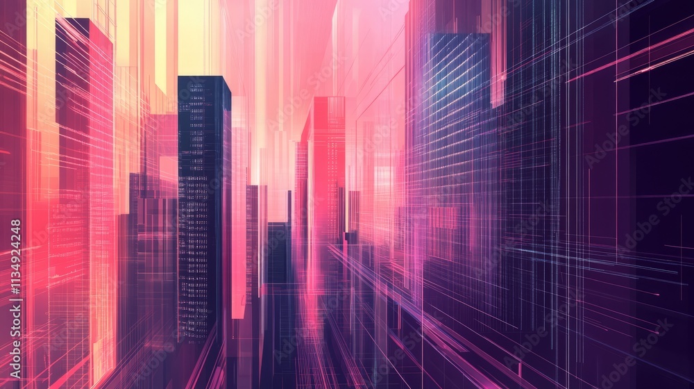 Poster futuristic abstract skyscraper landscape with vibrant colors and dynamic lines representing business