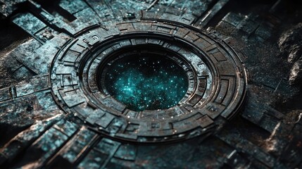 Fototapeta premium Septic manhole cover revealing a cosmic space scene with intricate metallic texture and glowing stars in a surreal composition