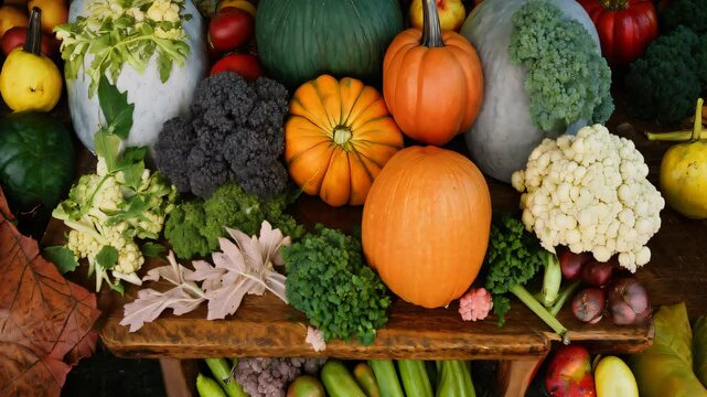 An autumnal harvest festival table set with cornucopias overflowing with apples, pumpkins, and gourds in warm autumn hues.