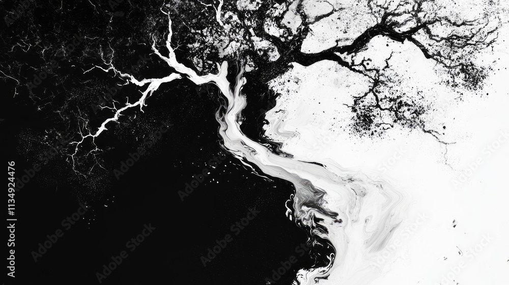Poster abstract monochrome tree design blending natural forms with contrasting black and white textures for