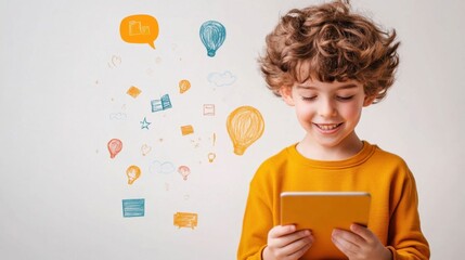 Happy Child Using Tablet with Colorful Creative Icons in Background