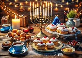 Naklejka premium Elegant Tablescapes Showcasing Traditional Hanukkah Foods and Treats, Including Latkes, Sufganiyot, and Dreidels, Set Against a Festive Holiday Atmosphere