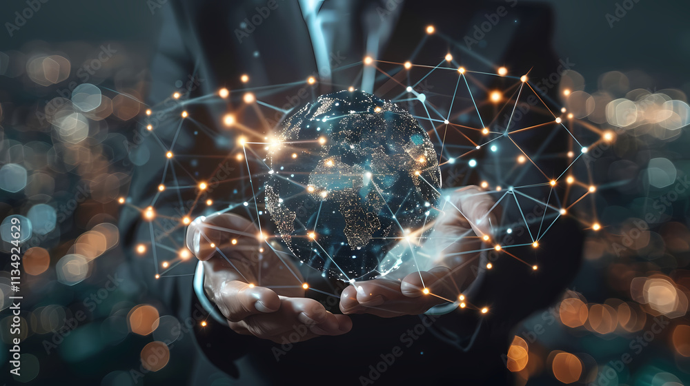 Poster connecting the world: a businessman's hands cradle a glowing orb representing the earth, illuminated