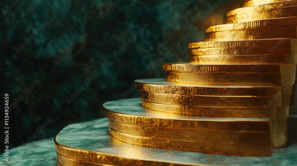 Poster golden coin staircase symbolizing rising inflation with an upward arrow reflection illustrating econ