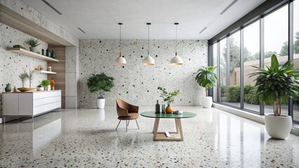 Elegant Terrazzo Flooring with Marble Stone Wall Texture: White Terrazzo Seamless Floor Tile on Concrete Surface, Perfect for Modern Interior Design and Architecture Backgrounds