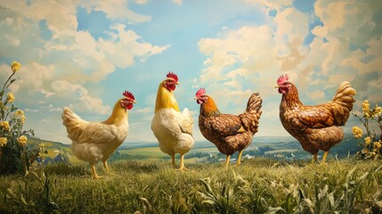 Chickens standing in a lush green field against a picturesque sky full of clouds and sunlight showcasing farm life and nature's beauty.