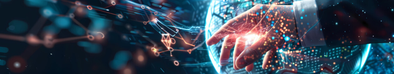 Global Network in Hand: A hand reaches out, glowing with vibrant energy, seemingly holding and controlling a digital representation of the world.