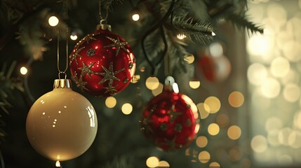 Close-up of Holiday Ornaments on Christmas Tree with Bokeh Lights