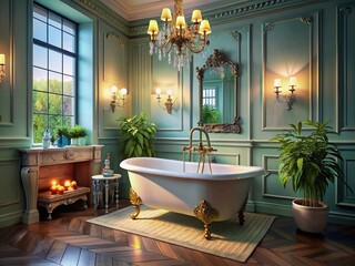 Elegant Traditional Bathroom with Claw Foot Bathtub Surrounded by Vintage Decor and Soft Lighting, Perfect for Spa-Like Relaxation and Timeless Aesthetic Appeal