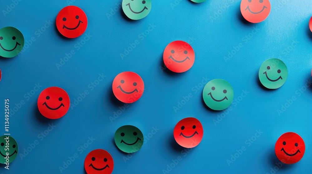 Poster colorful smiley faces in red and green arranged on a bright blue background creating a playful and u