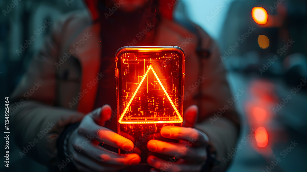 Poster neon triangle alert: a person shrouded in mystery holds a smartphone emanating an ominous red neon t