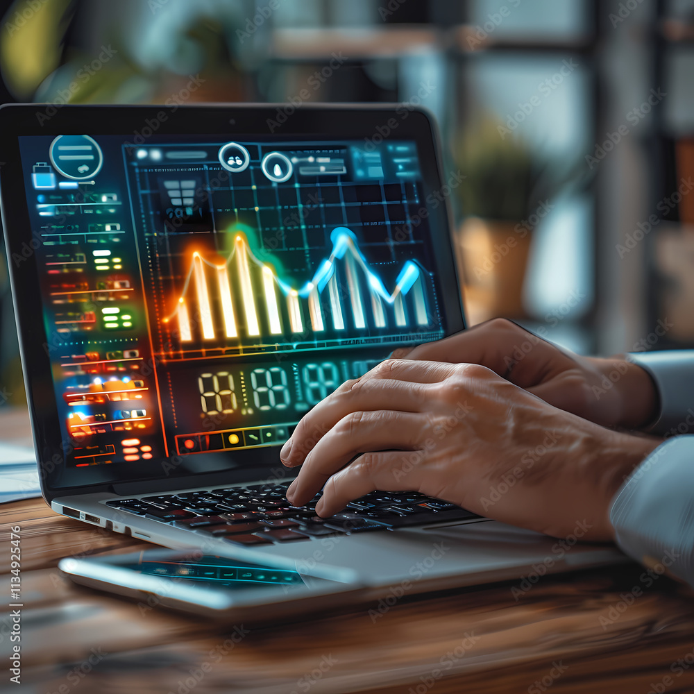 Poster analyzing data: hands typing on a laptop with a bright, colorful data visualization on the screen, i