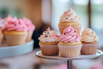 Creative food concept. Row of pink and white cream icing frosting with sprinkles Cupcake muffin cake on serving stand in bright cafe bakery restaurant with sunlight shining. copy text space