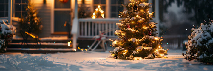 A Christmas tree glowing in the middle of a snowy courtyard, surrounded by illuminated holiday decorations