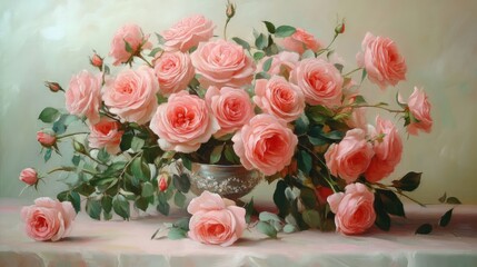 Obraz premium Elegant arrangement of soft pink roses in a silver vase against a subtle background for romantic decor and floral artistry.