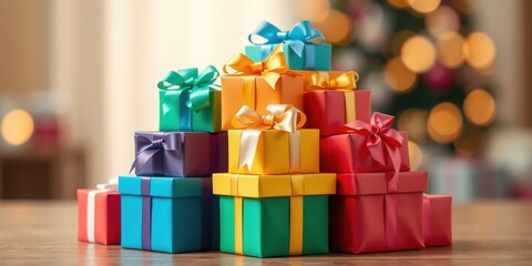 A festive arrangement of colorful gift boxes with bows, stacked in a pyramid shape, set against a bokeh backdrop of golden lights, symbolizing the spirit of giving and celebration.