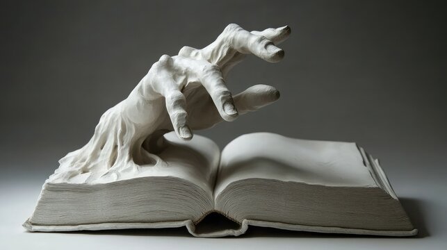 Hand emerging from an open book symbolizing knowledge and curiosity on a minimalist white background