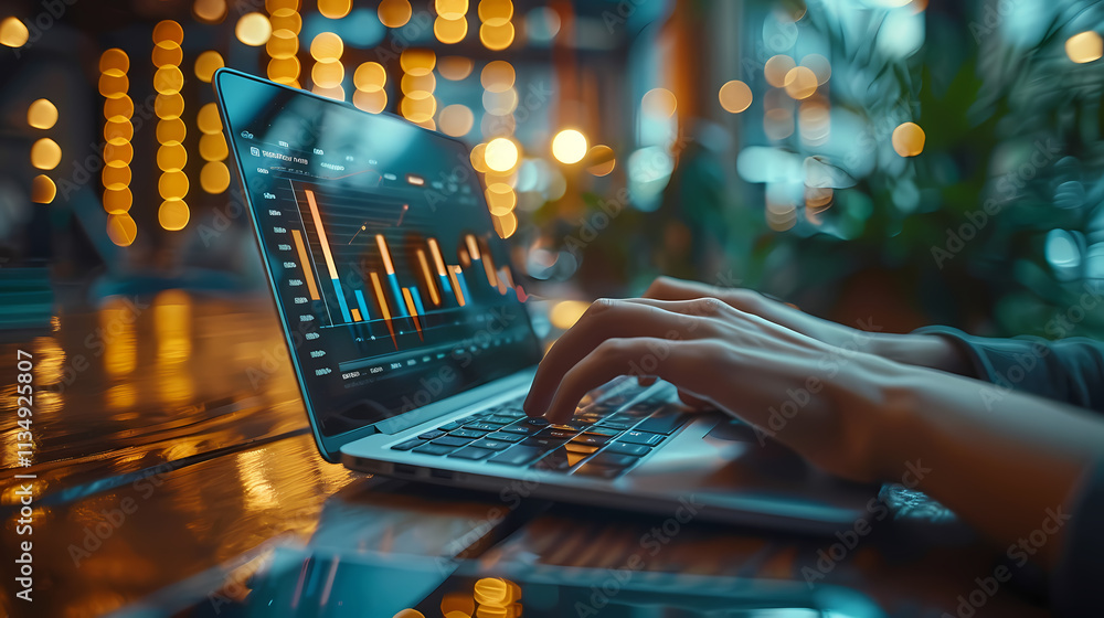 Poster laptop data analysis: close-up of hands typing on a laptop displaying data charts and graphs, illumi
