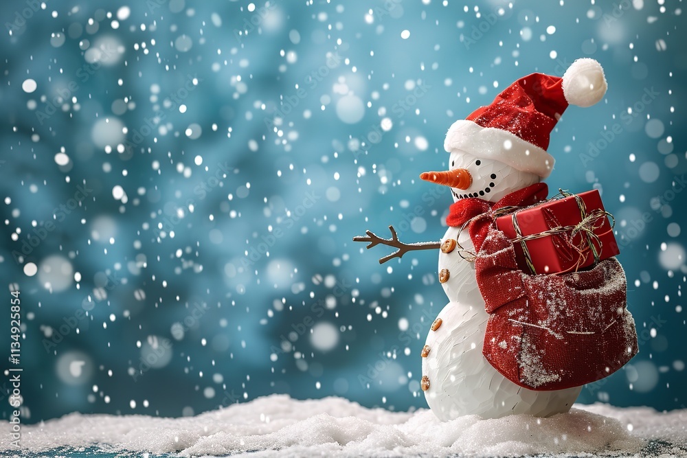 Poster Over a setting of snowy, festive bokeh lighting, a snowman is holding a red sack full comprising multiple gift boxes holiday notion and space, Generative AI.