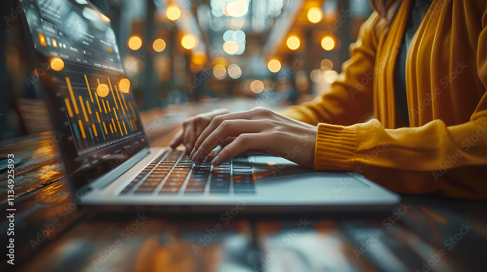 Poster data driven decisions: close-up shot of a person's hands typing on a laptop with a stock chart displ