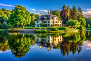 Fototapeta premium Elegant Waterfront Mansion Surrounded by Lush Nature, Capturing the Serenity of a Peaceful Retreat, Perfect Blend of Luxury and Tranquility in a Picturesque Setting