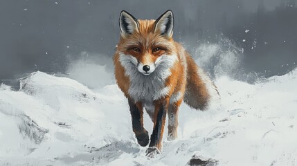 Fototapeta premium Detailed illustration of a red fox walking through a snowy environment, showcasing its vibrant fur and alert expression, wildlife, nature, animal portrait, winter scene.