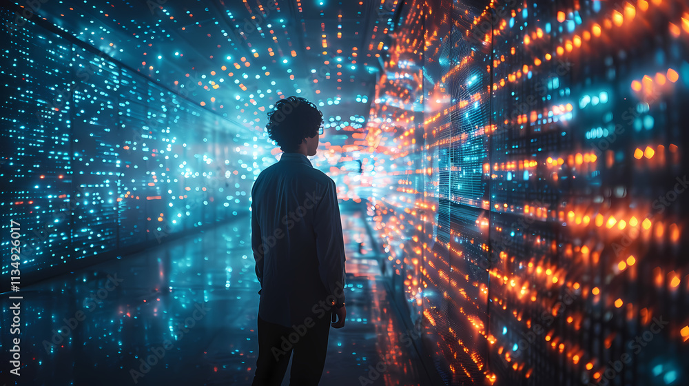 Aufkleber lost in the data stream: a solitary figure stands amidst a mesmerizing array of swirling data, their