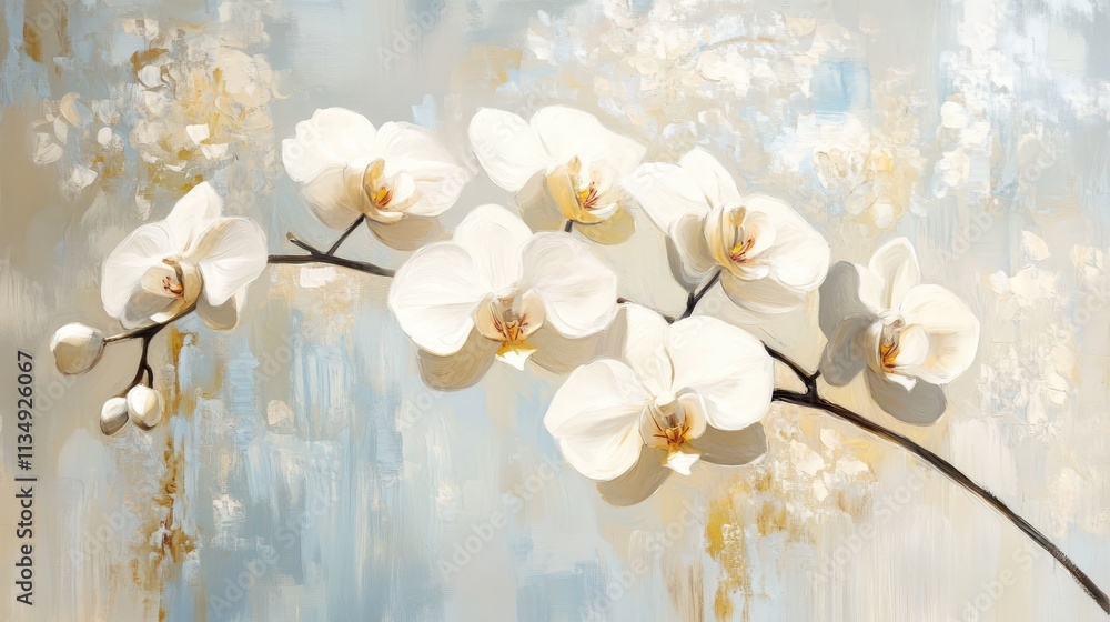 Poster elegant white orchid branch against a soft, light background with abstract textures and subtle color