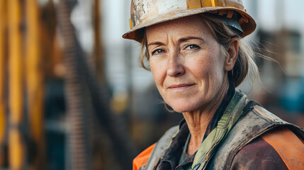 A fiercely determined woman, her hard hat serving as a crown of authority amidst the chaos of the construction site. Her steely gaze conveys a sense of purpose, contrasting with the rough surroundings