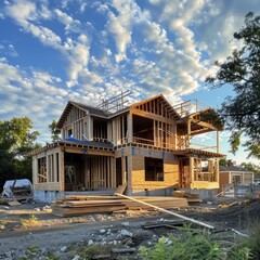 Obraz premium Two-story house under construction in suburban setting, with wooden framing, roof, scattered materials, and parked truck. Moody sky enhances scene.